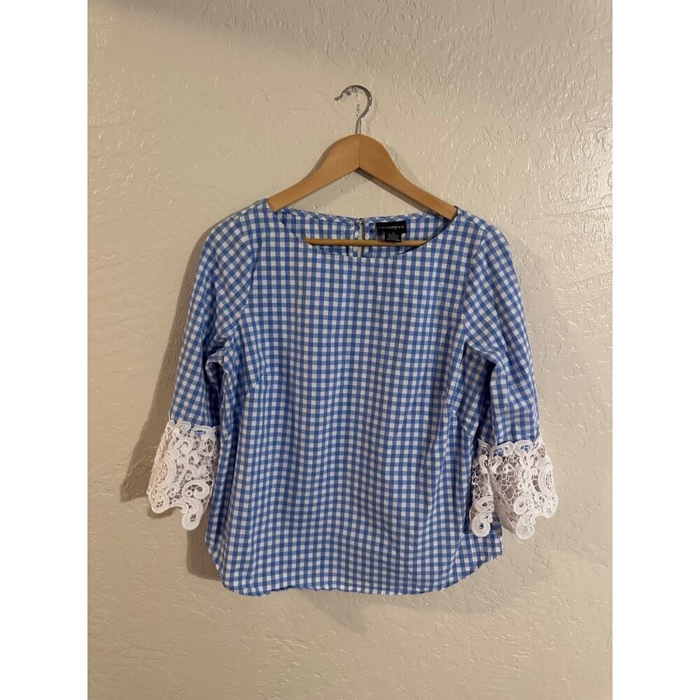 Y Liz Claiborne Career Blue & White Gingham Preppy Lace Sleeve Keyhole Top
